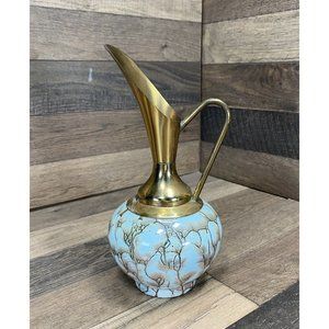 Vintage Delft Light Blue Gold Pottery Pitcher Ewer 8” Brass Hand Painted Holland